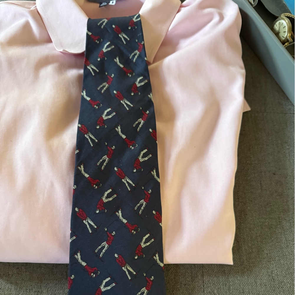 7TH Avenue Golf theme Elegant Navy Silk Tie with Red and White Design.